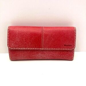 Roots Red Leather Trifold Wallet Distressed Look Credit Cards Billfold Zip 7x4